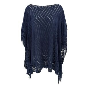 Y2K OS Navy Blue Open Knit Crochet Poncho Fringe Festival Boho Whimsigoth Fairy